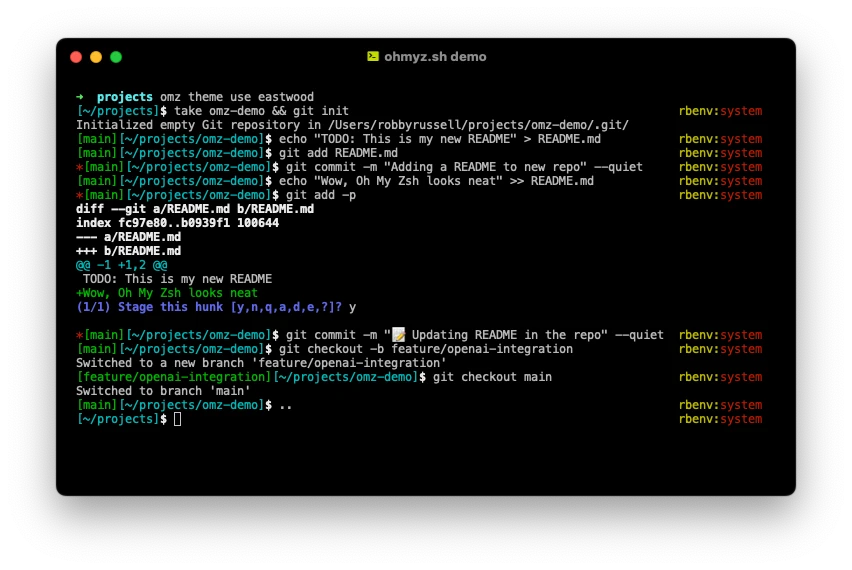 Oh My Zsh eastwood terminal theme with bracketed Git branch prompts and rbenv status