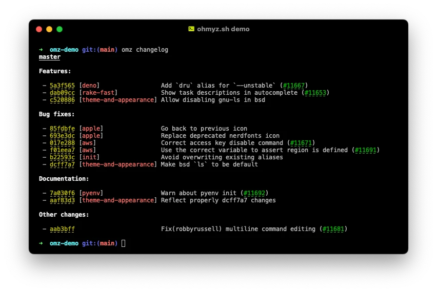 Oh My Zsh terminal omz changelog output grouped into Features, Bug fixes and Documentation
