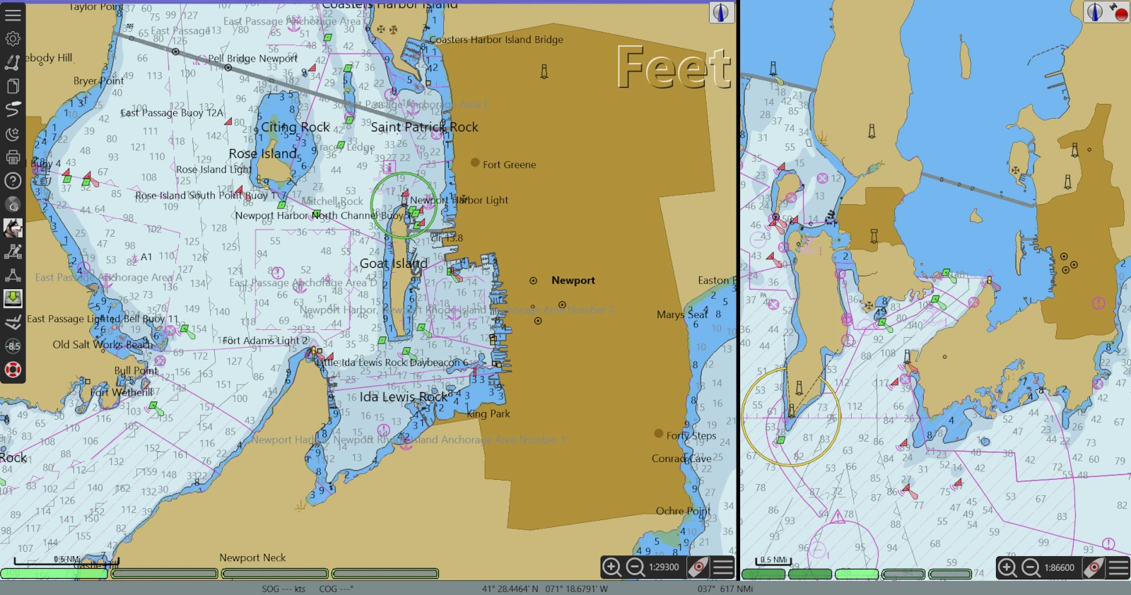 OpenCPN dual chart view with nautical depths, buoys and navigation controls
