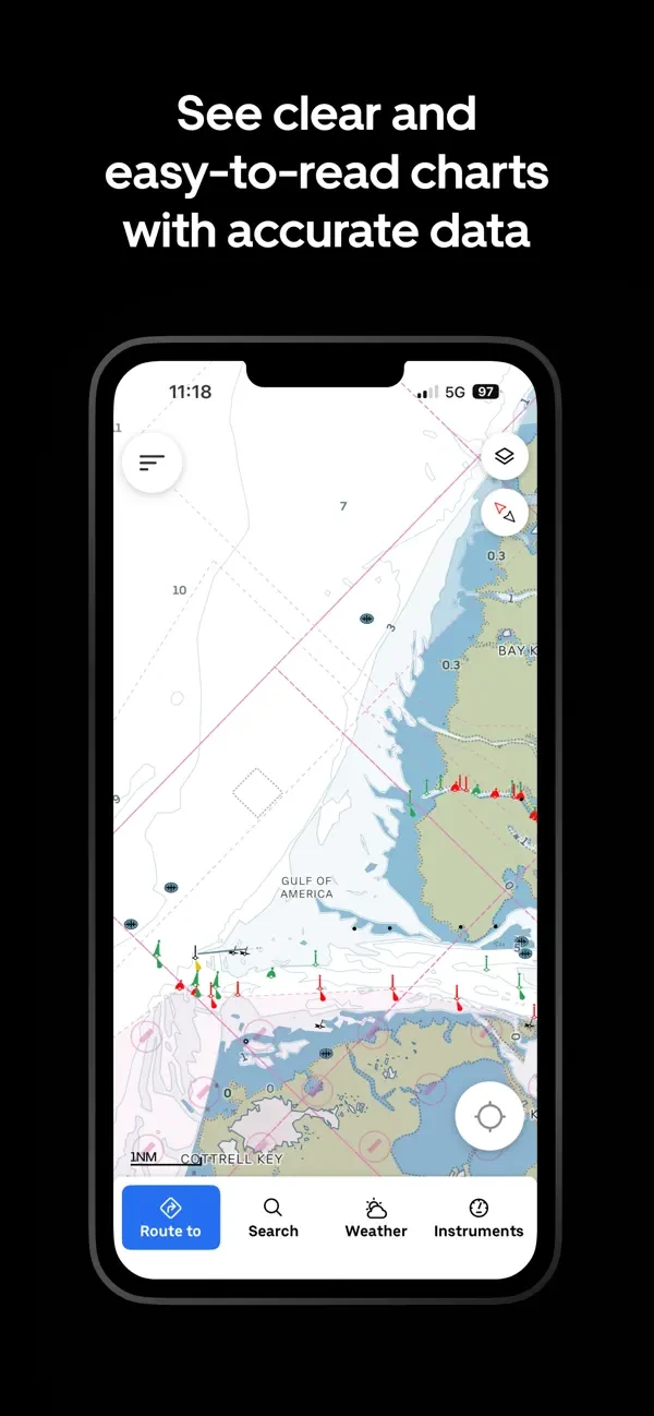 Nautical chart view with buoys and depth contours and a bottom bar for routing, search, weather and instruments