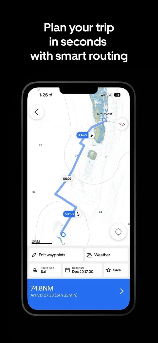 Route planning screen with a sailing route, waypoint options, departure time and distance