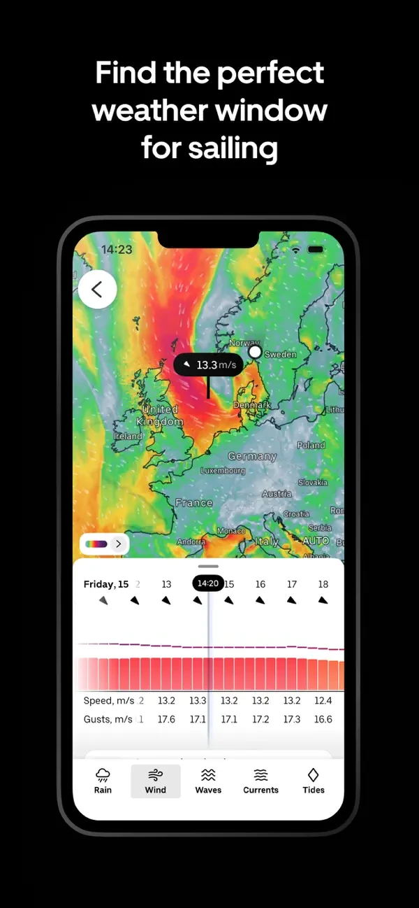 Wind forecast map of northern Europe with an hourly wind and gust table below