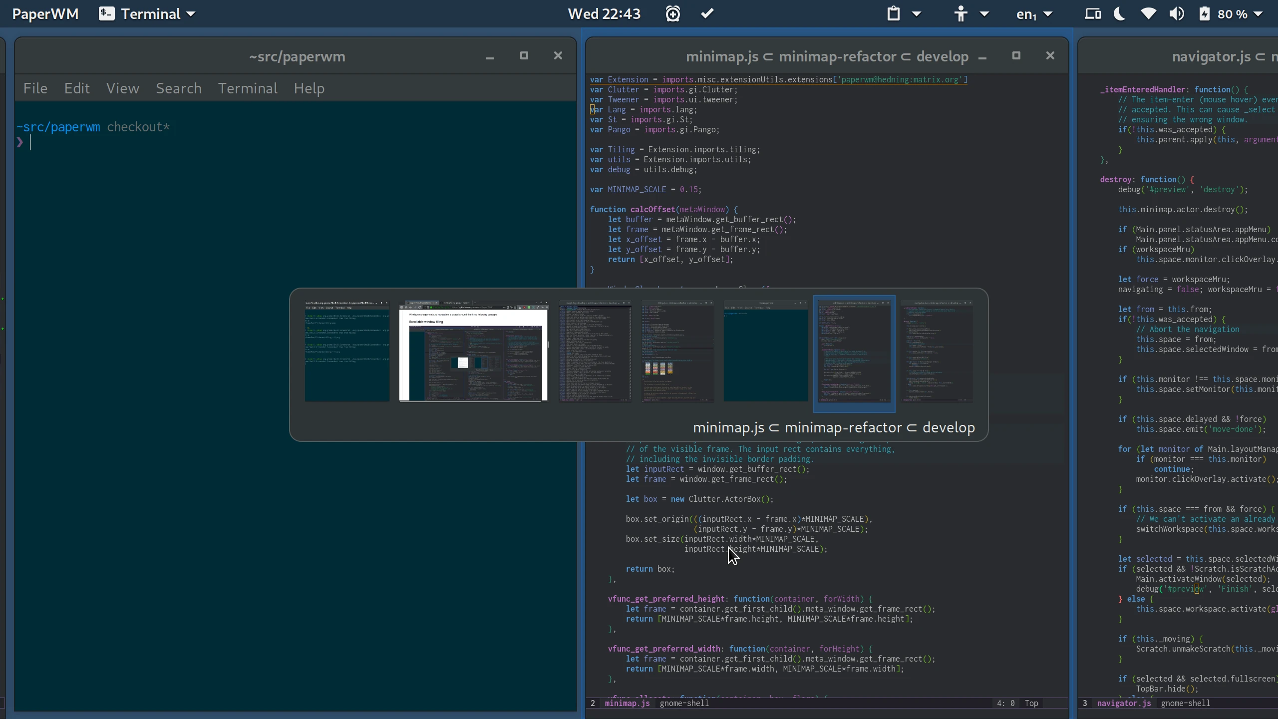 PaperWM tiled terminal and editor windows with navigation minimap