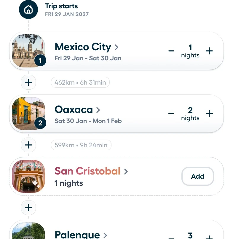 Trip itinerary list with Mexican destinations, night counters and travel times between stops