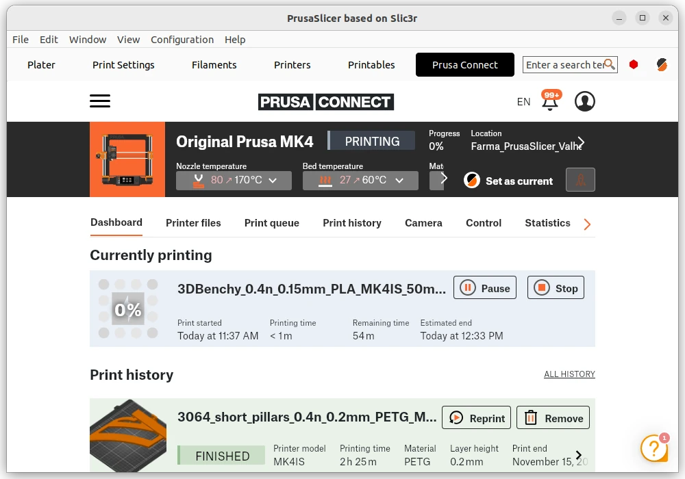 PrusaSlicer shows printer status and job history through Prusa Connect