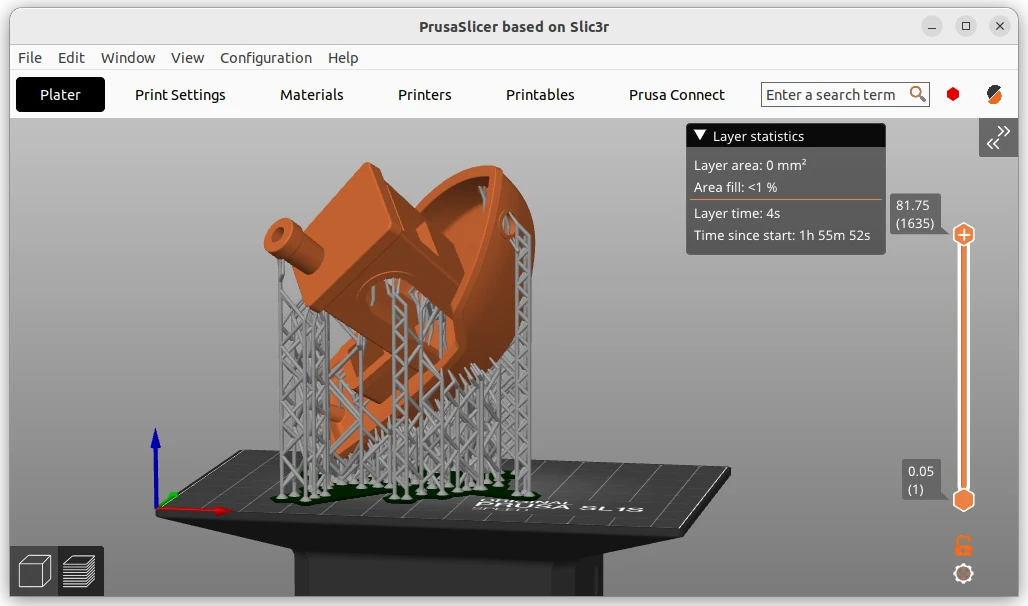PrusaSlicer previews an SLA model with supports and layer statistics
