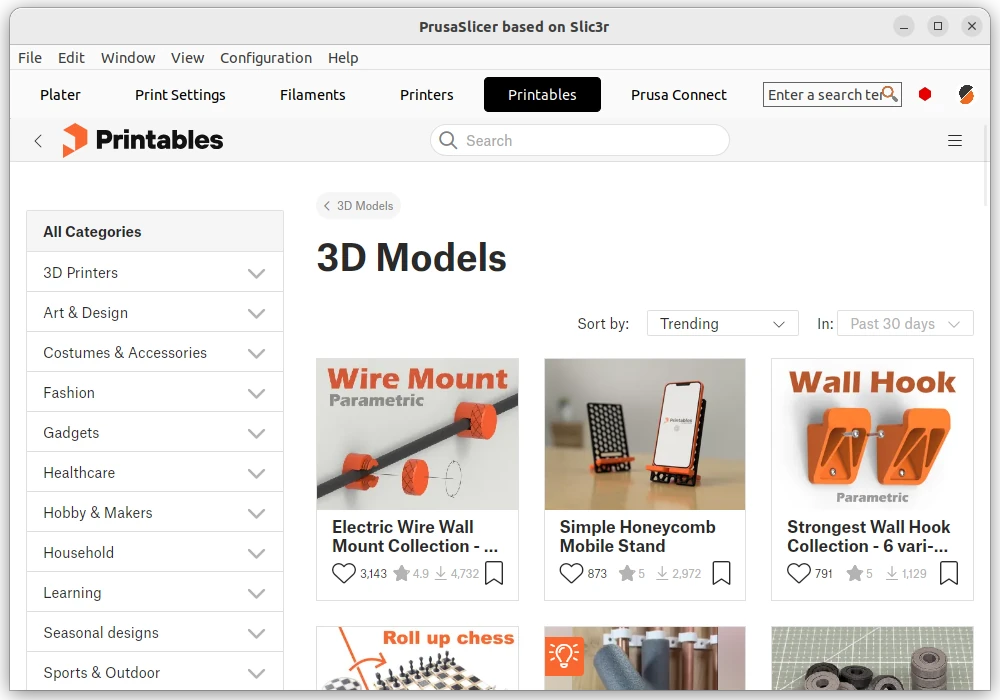 PrusaSlicer browses printable models in its embedded Printables tab
