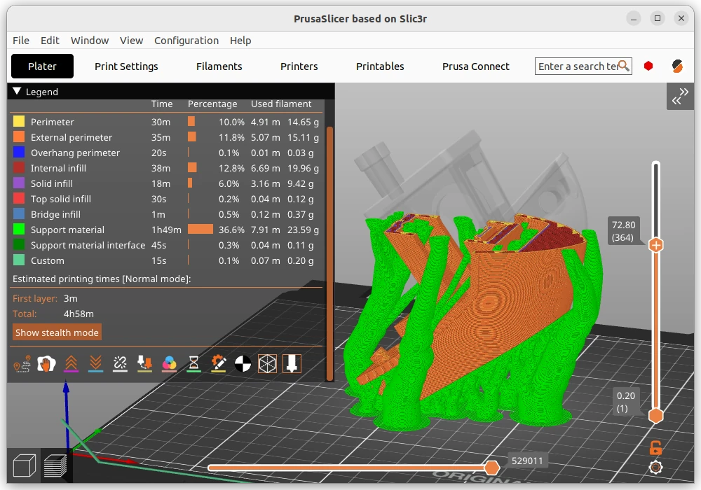 PrusaSlicer sliced model and layer preview