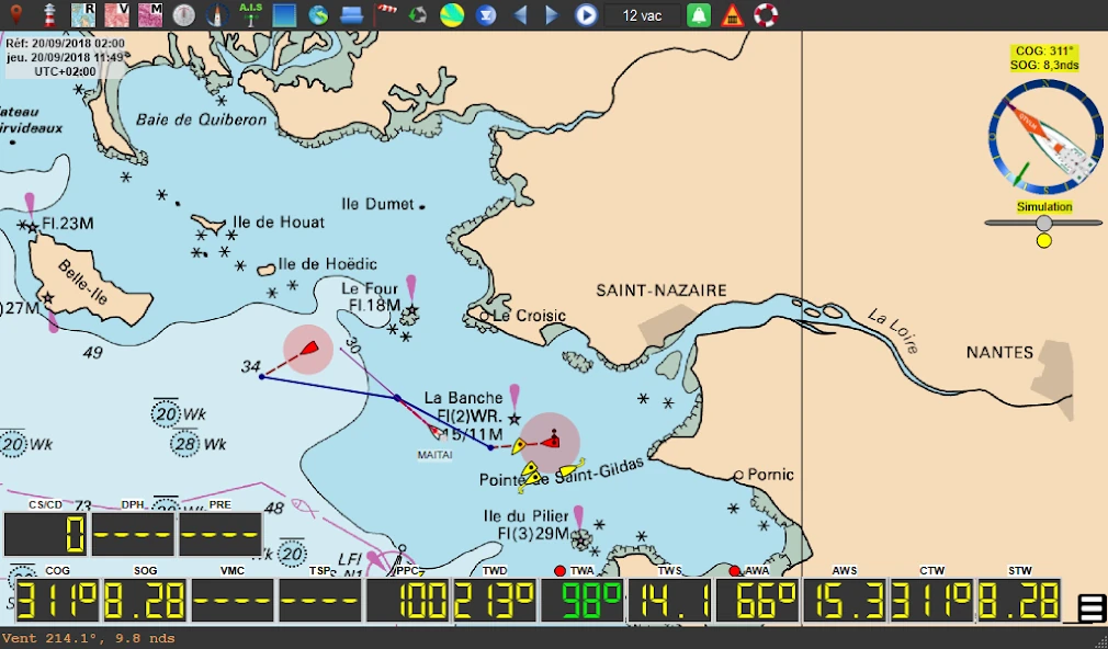 qtVlm nautical chart of the Loire estuary with a boat track, compass and instrument readouts