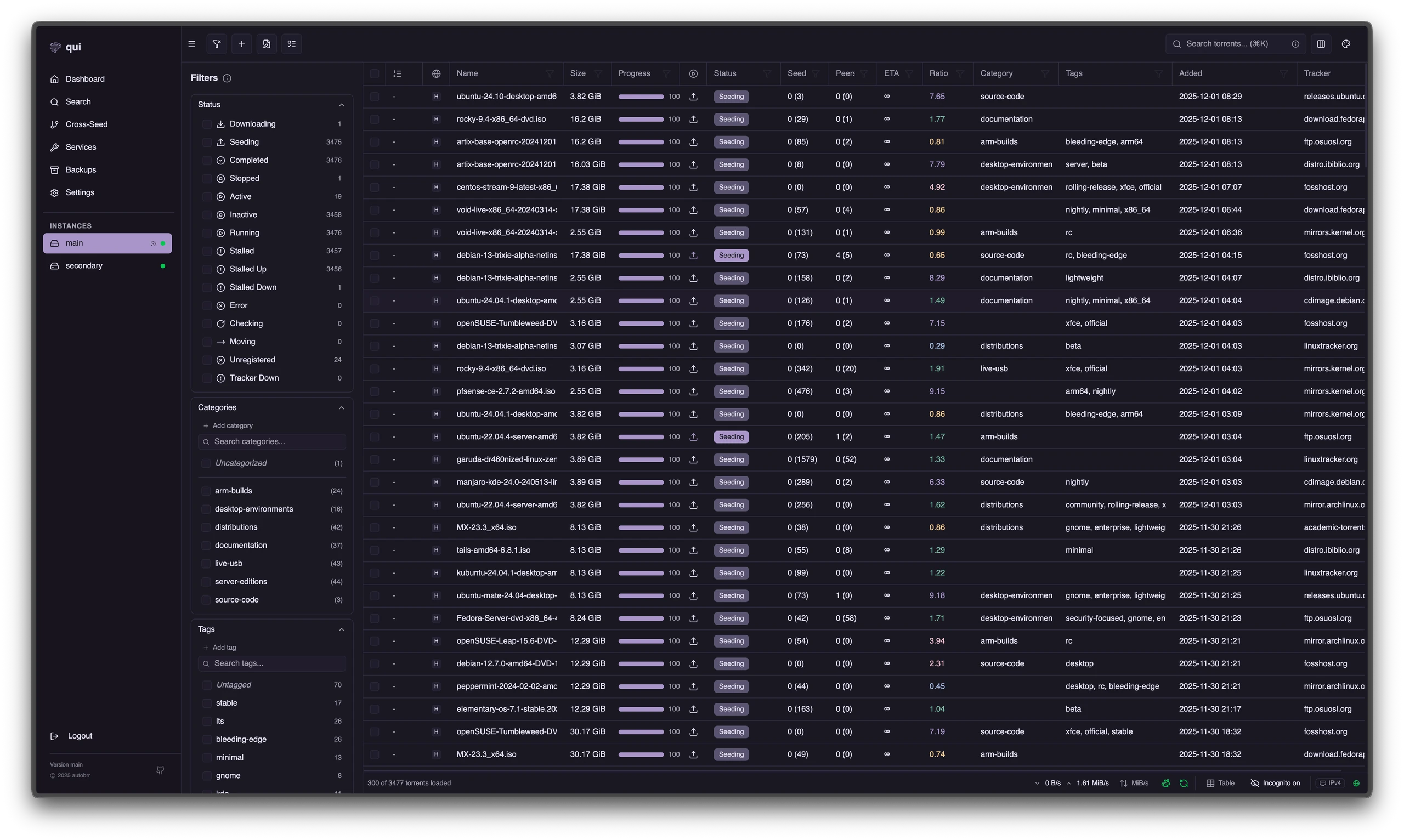 Qui torrent-management workspace with instance navigation, status filters, categories and transfer table