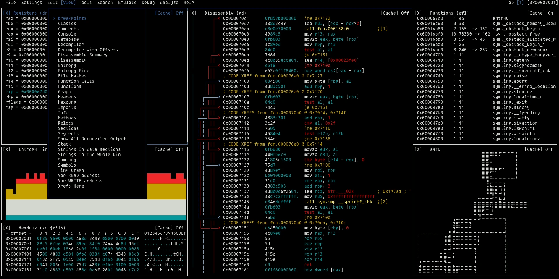radare2 visual panels showing registers, disassembly, functions, entropy, hexdump and a graph with the View menu open