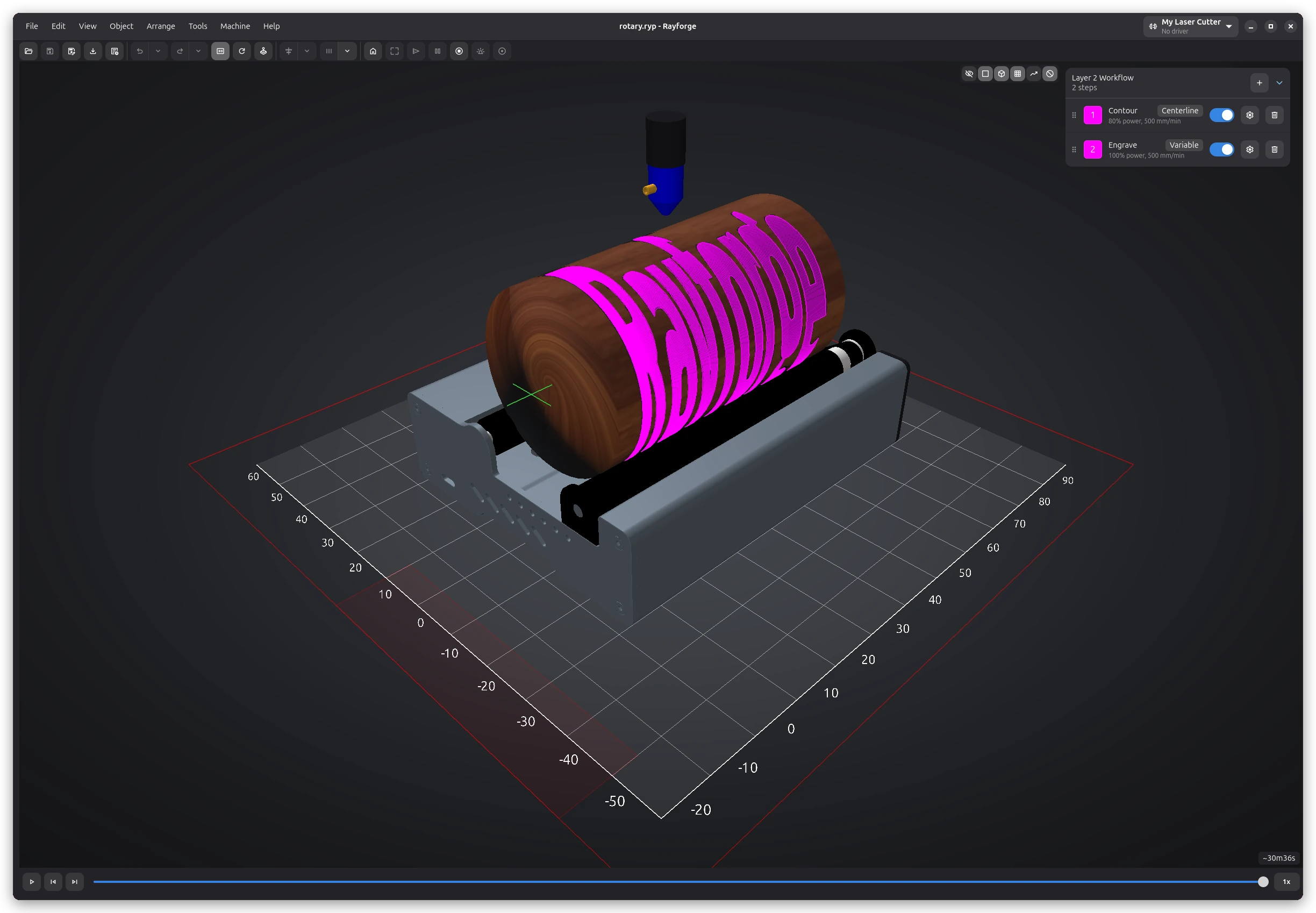 Rayforge 3D simulation of contouring and engraving on a rotary-mounted cylinder