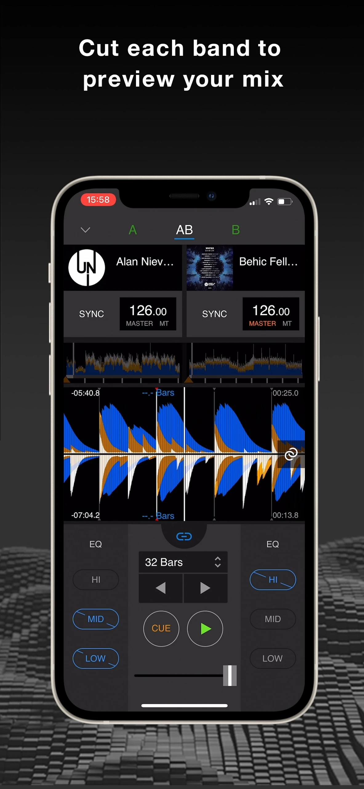 rekordbox dual waveform mixer with EQ band controls and crossfader