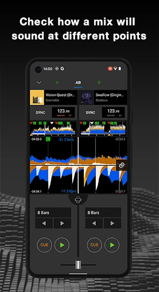 rekordbox Android dual waveform deck with loop length and transport controls