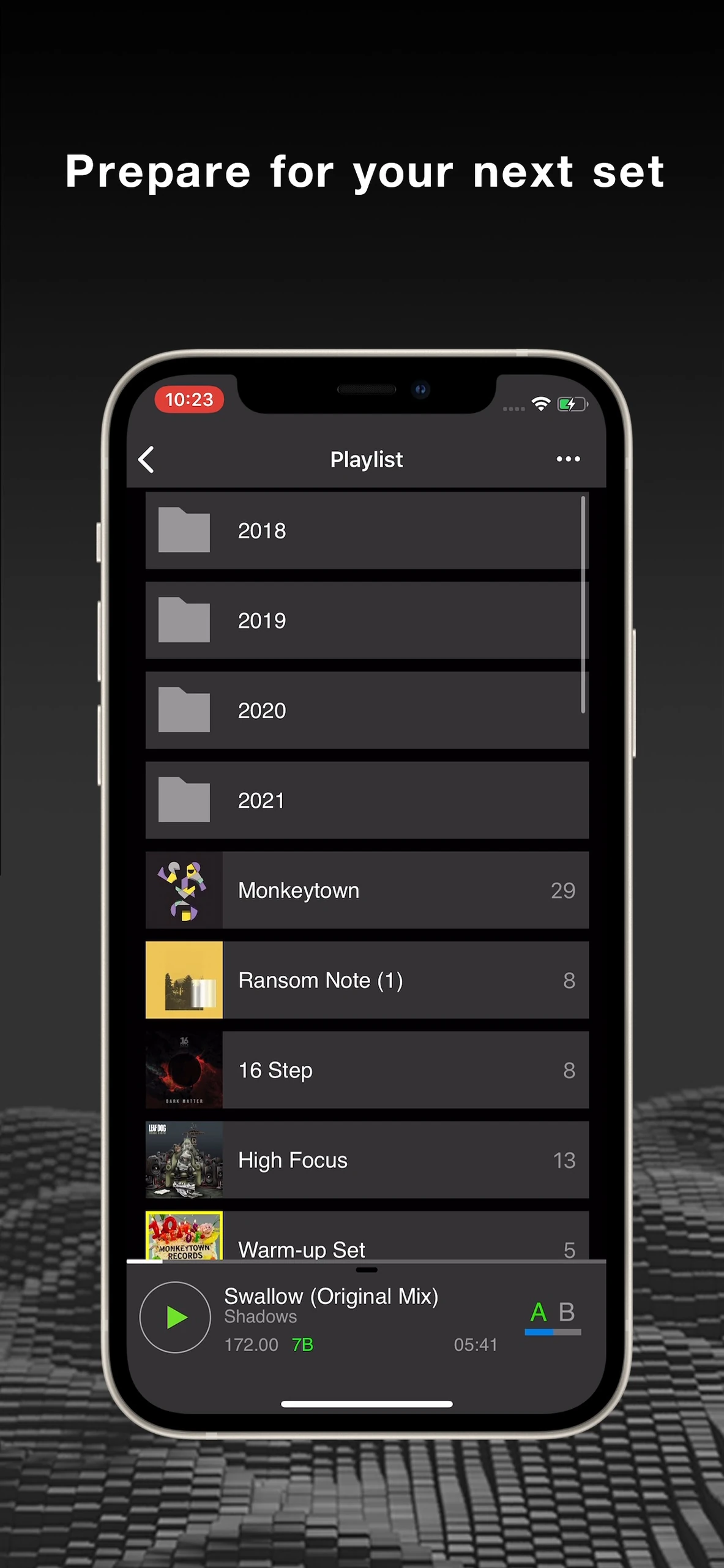 rekordbox playlist browser with folders, track artwork and playback strip