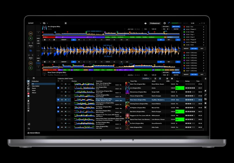 rekordbox desktop Export workspace with dual waveforms, hot cues and track collection