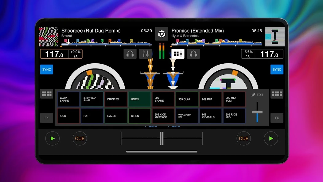 rekordbox tablet dual decks with an open effects control panel