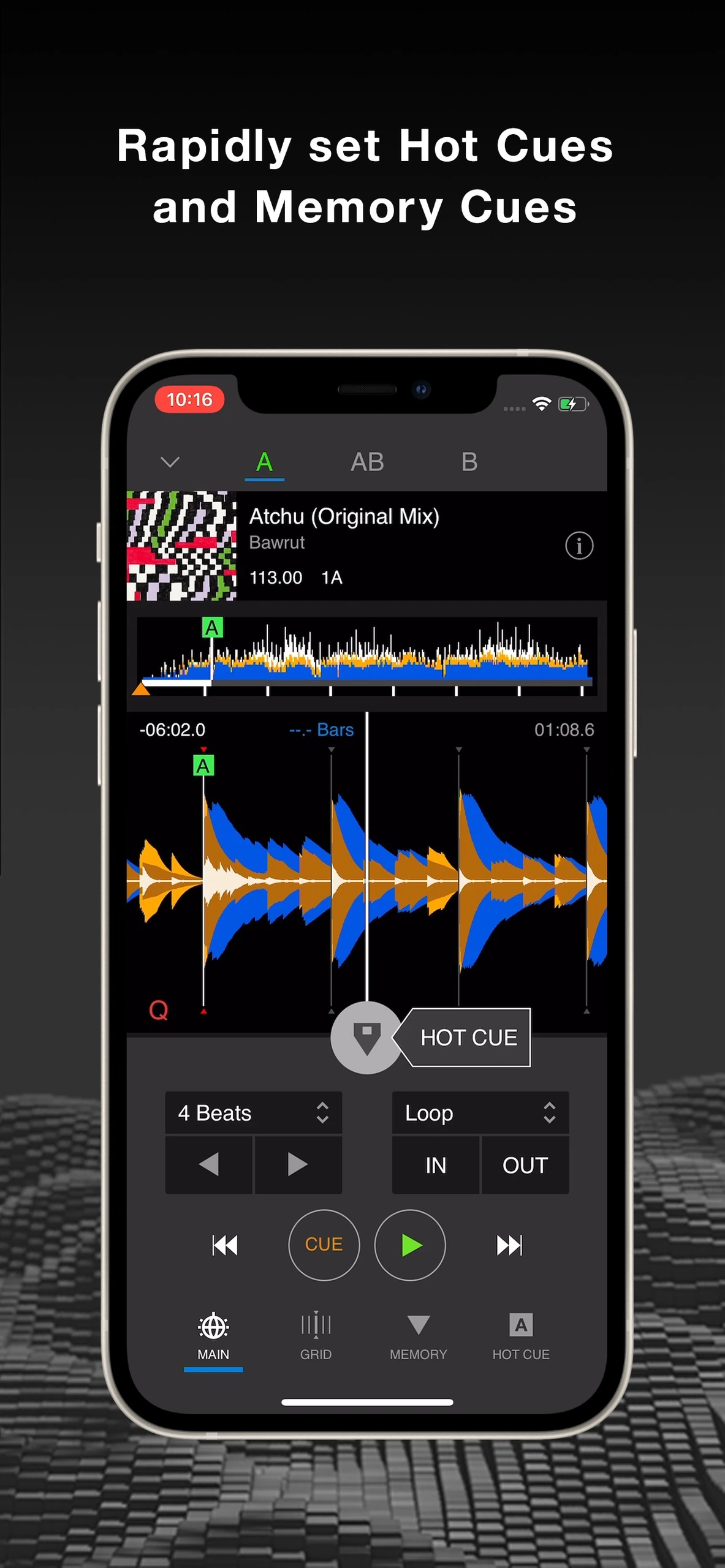 rekordbox hot cue and memory cue controls below a track waveform