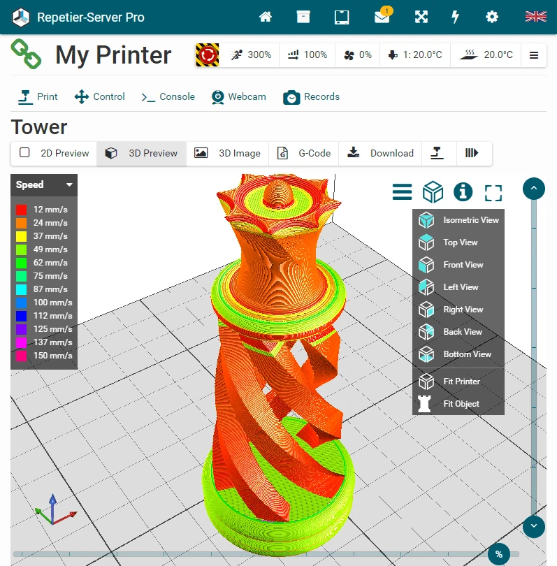 Repetier-Server 3D print preview colored by speed