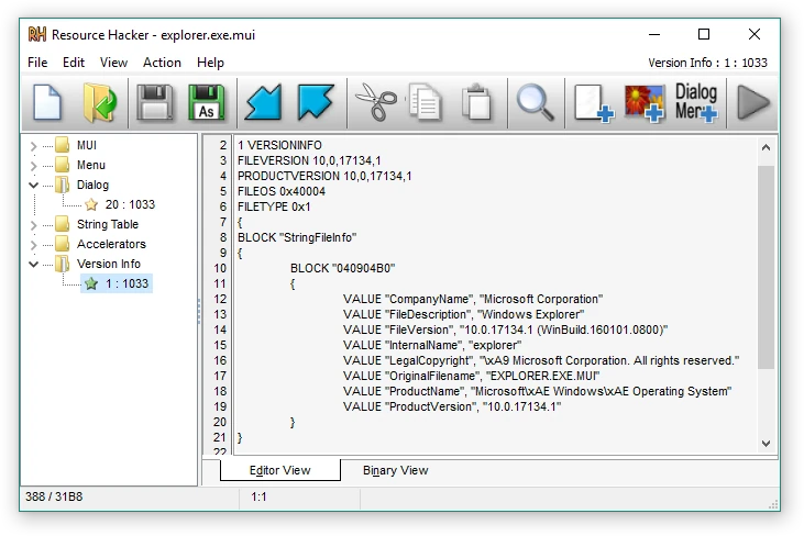 Resource Hacker version-information script editor