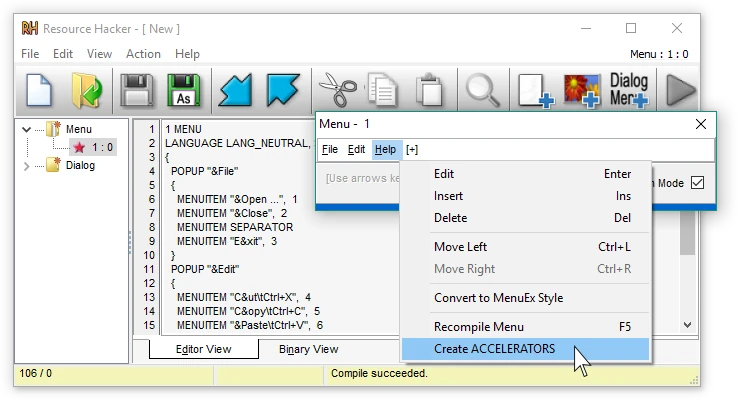 Resource Hacker menu editor and accelerator command