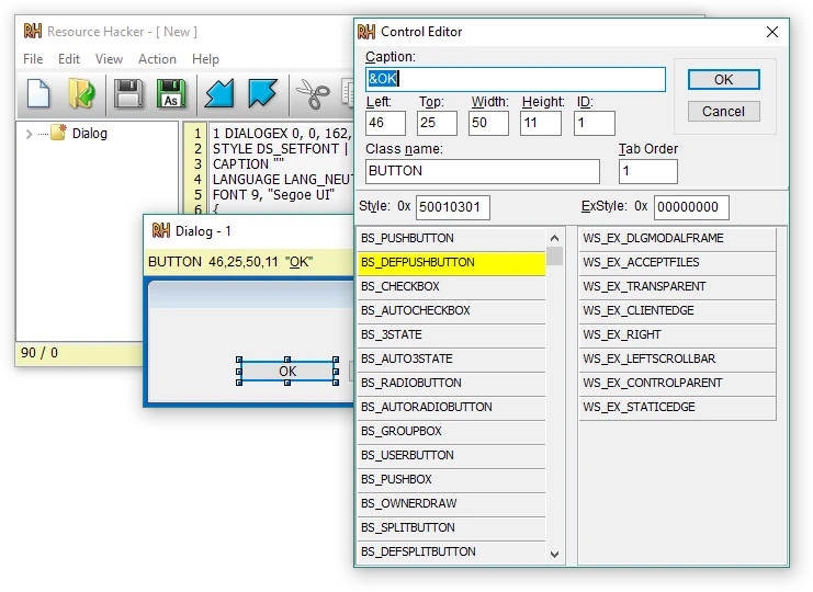 Resource Hacker dialog control properties editor