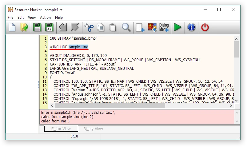 Resource Hacker script editor displaying a compilation error