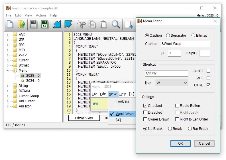 Resource Hacker menu-item properties dialog