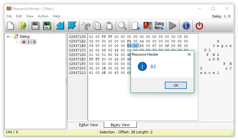 Resource Hacker binary resource viewer with message box