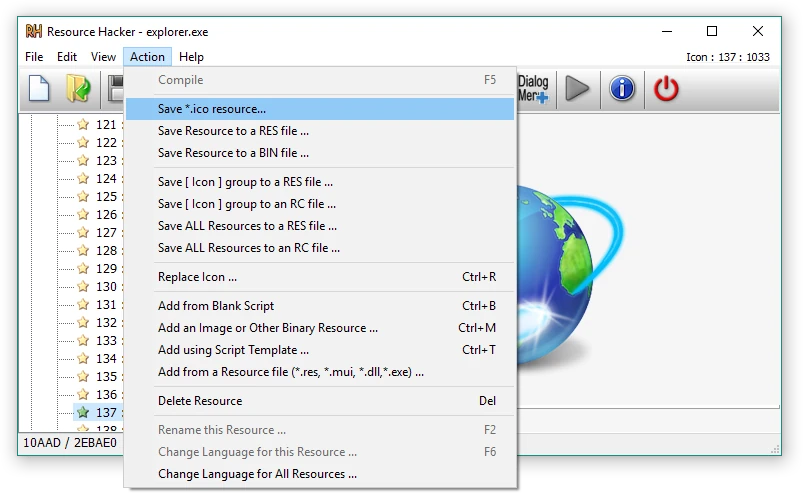 Resource Hacker Action menu showing resource operations