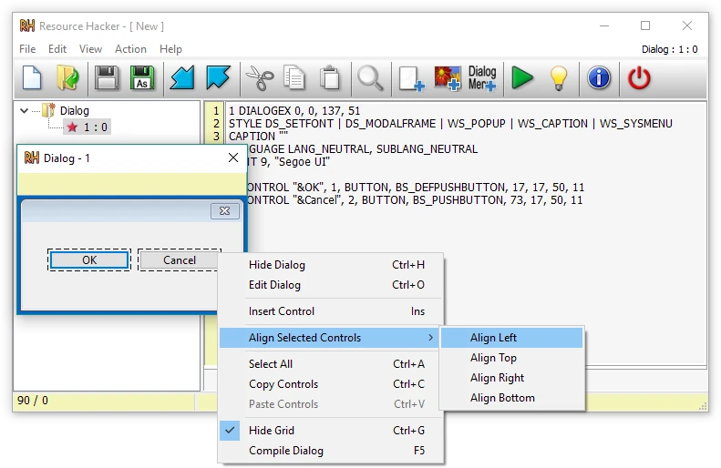 Resource Hacker dialog editor with alignment menu
