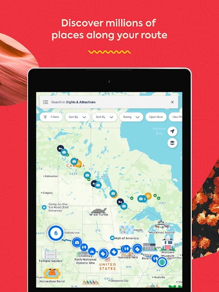 Roadtrippers Android tablet route map with clustered places and sights filters