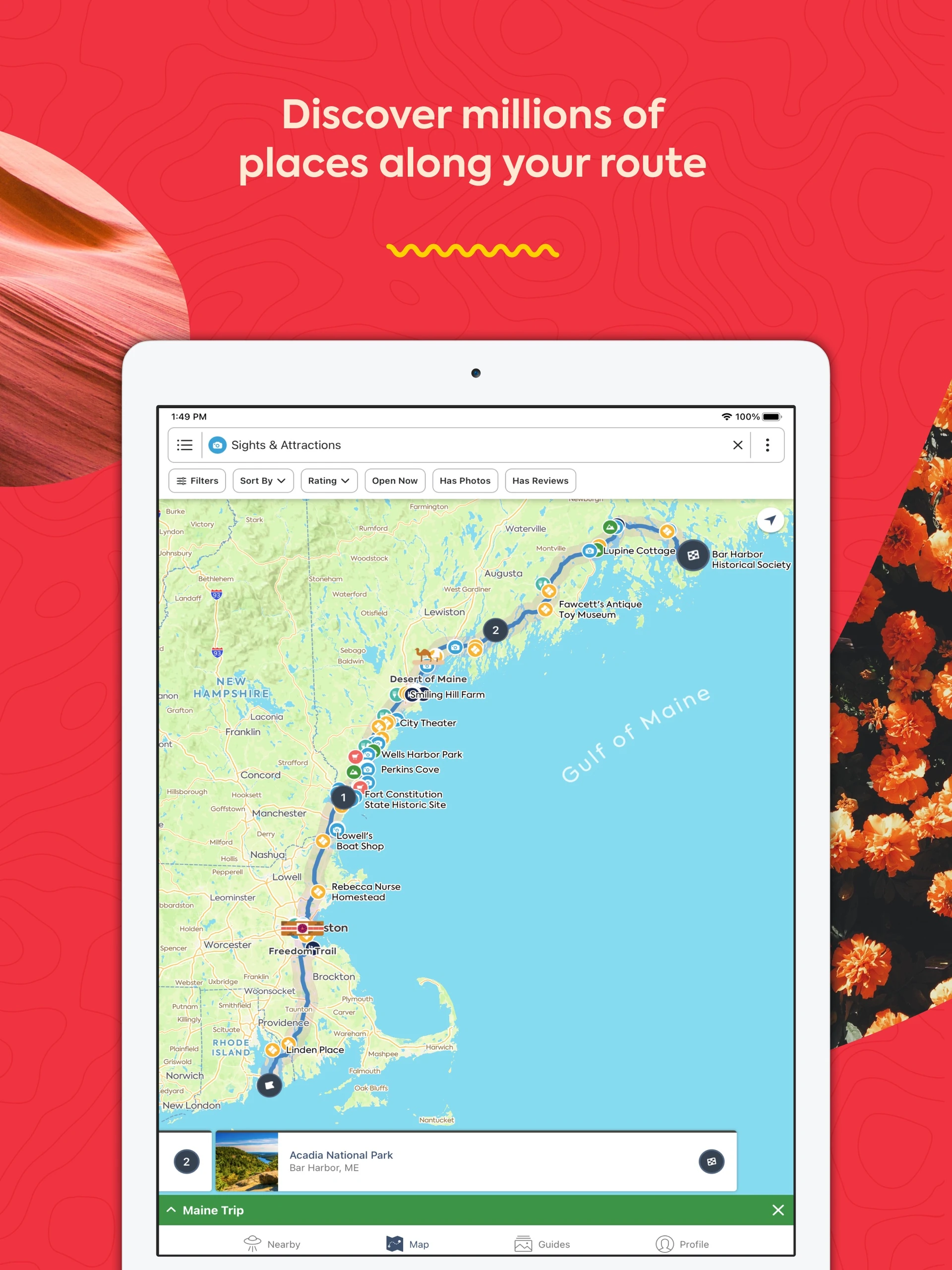 Roadtrippers iPad coastal Maine route map with search filters and selected place