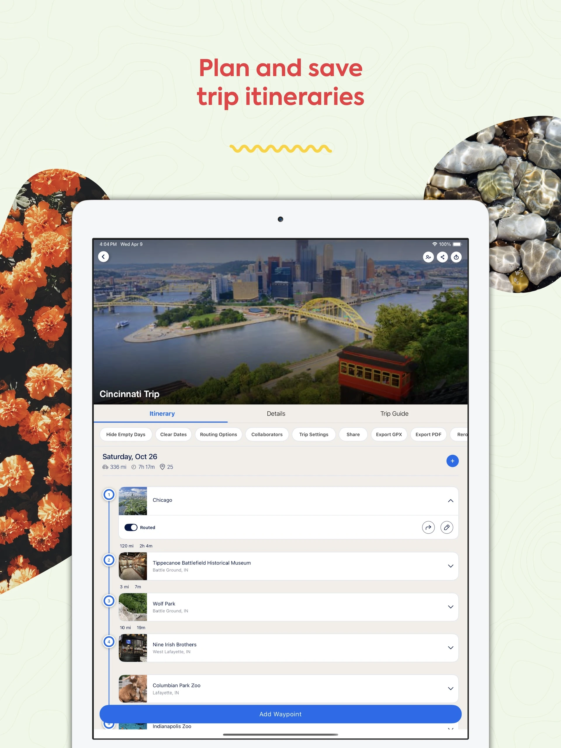 Roadtrippers iPad Cincinnati trip itinerary with ordered stops and add waypoint bar