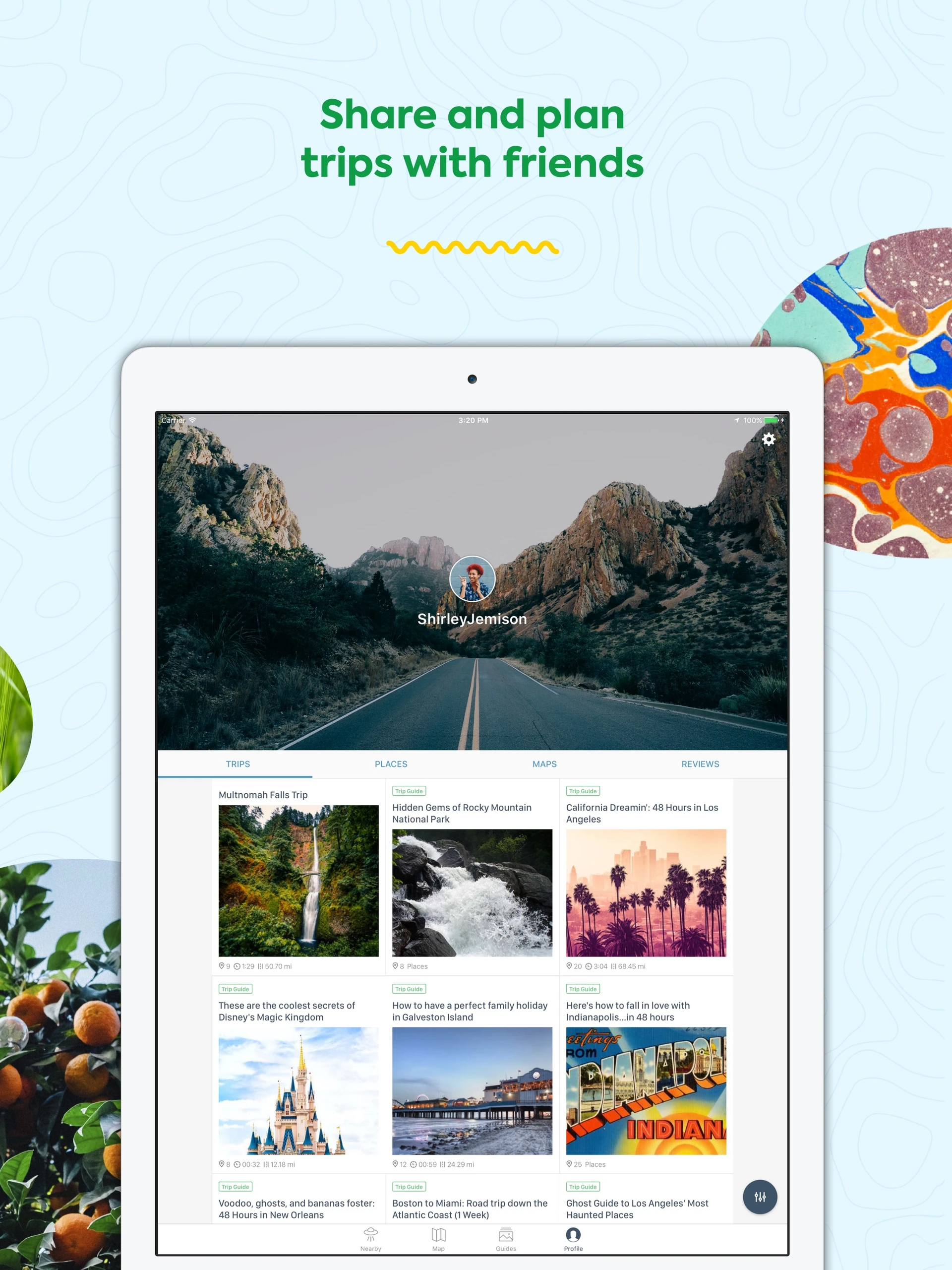 Roadtrippers iPad traveler profile with shared trip gallery
