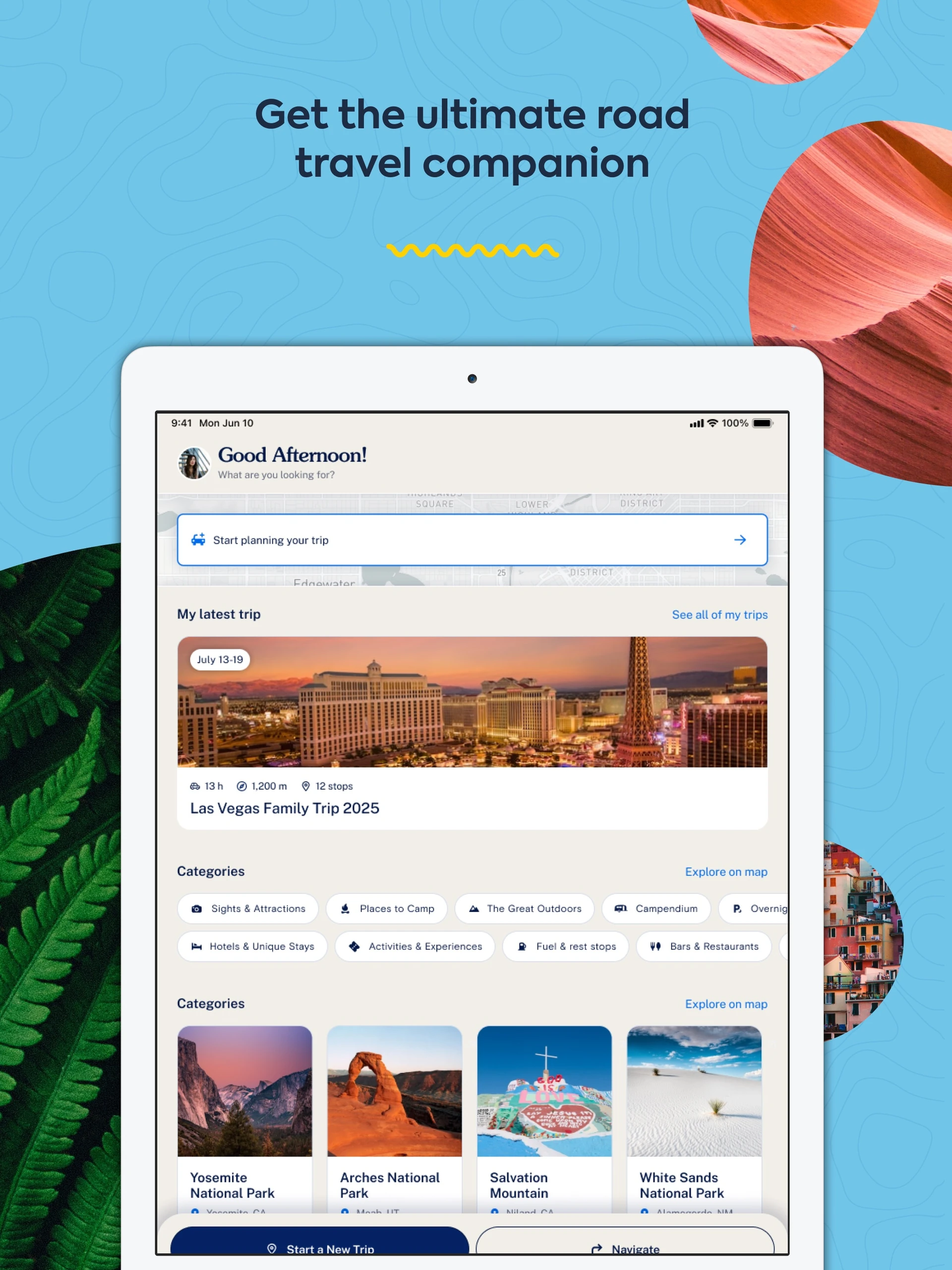 Roadtrippers iPad home with Las Vegas trip and suggested national park categories