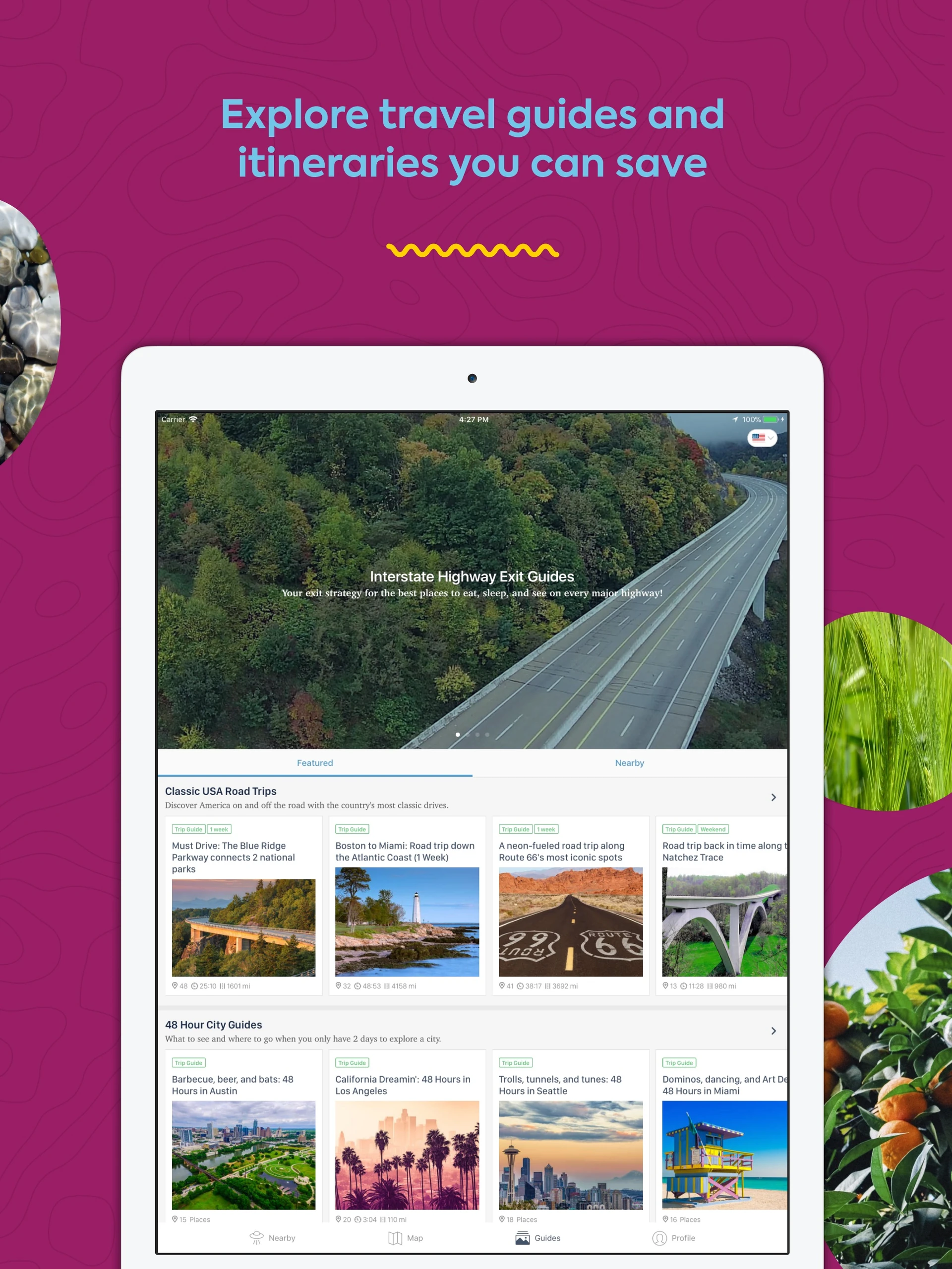 Roadtrippers iPad Interstate Highway Exit Guides with columns of guide cards