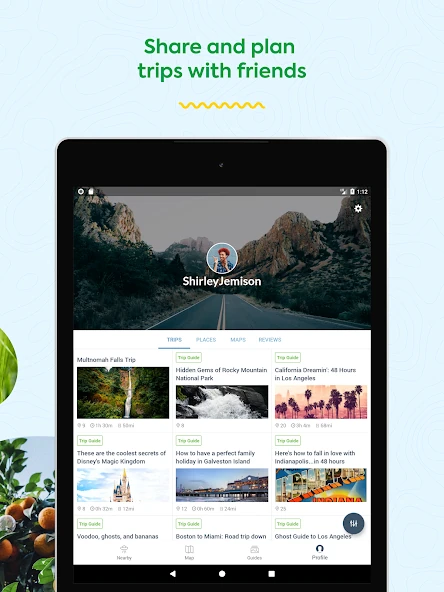 Roadtrippers Android tablet traveler profile with grid of shared trips