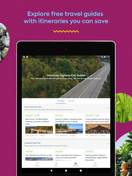 Roadtrippers Android tablet Interstate Highway Exit Guides with saved guide cards