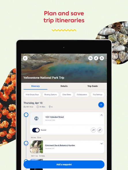 Roadtrippers Android tablet Yellowstone trip itinerary with dated stops and Add waypoint control