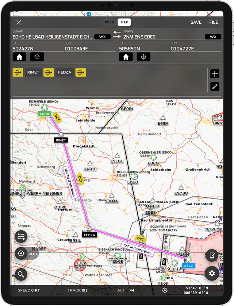 Tablet flight planning screen with departure and arrival fields and a route drawn over a map
