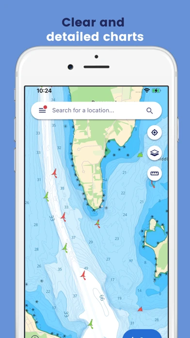 Marine chart with depth soundings and buoy markers on a phone screen