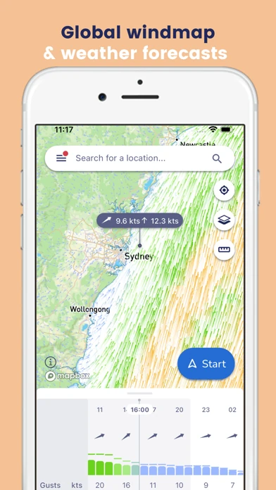 Wind map overlay with forecast timeline on a phone screen