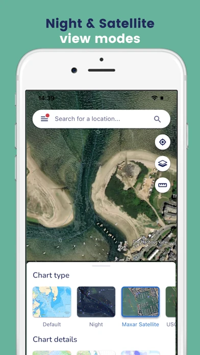 Satellite chart view with a chart type selector panel on a phone screen