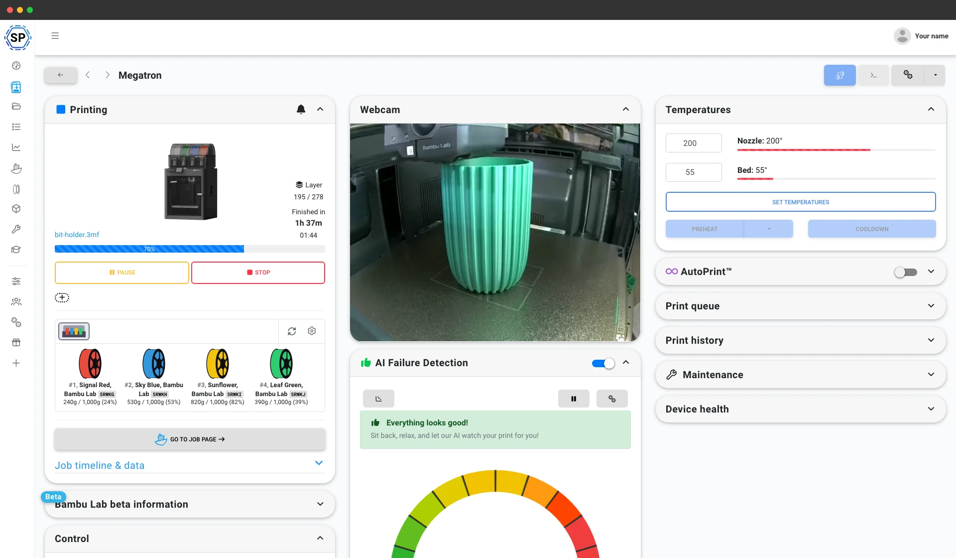 SimplyPrint Bambu printer running a green vase print with webcam, four filament spools and AI status