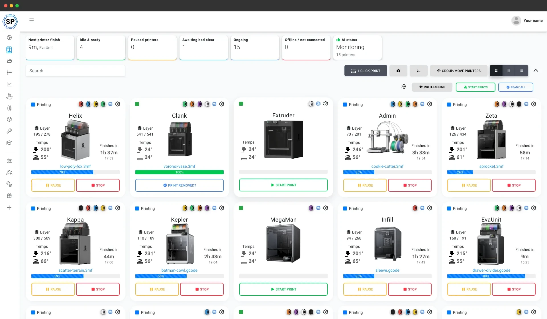 SimplyPrint monitoring a fleet of 3D printers