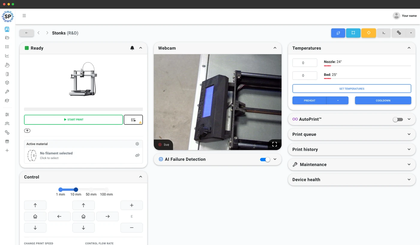 SimplyPrint printer control panel with webcam feed, temperatures and movement controls