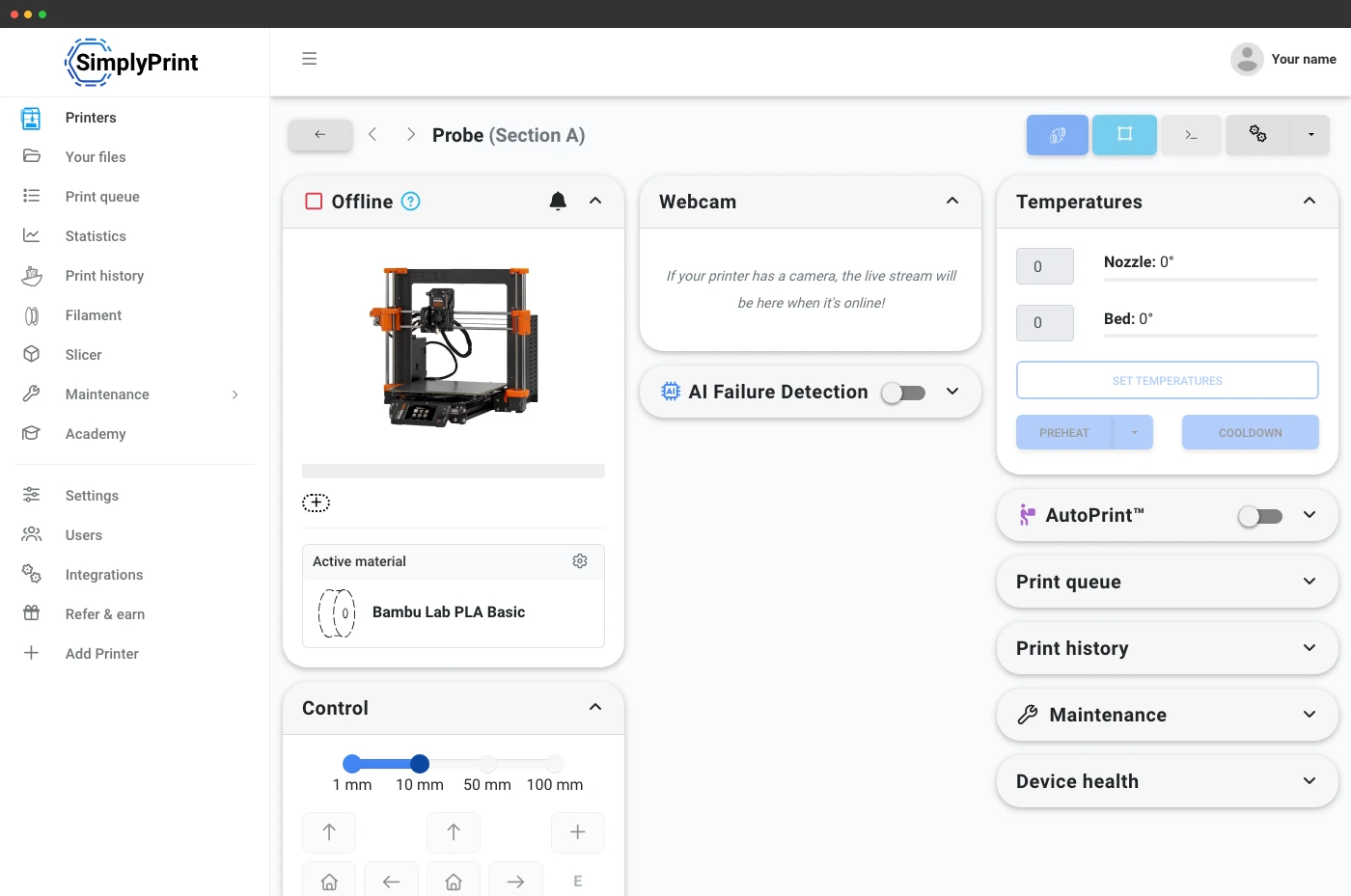 SimplyPrint offline Prusa printer panel with temperature, webcam and print queue widgets