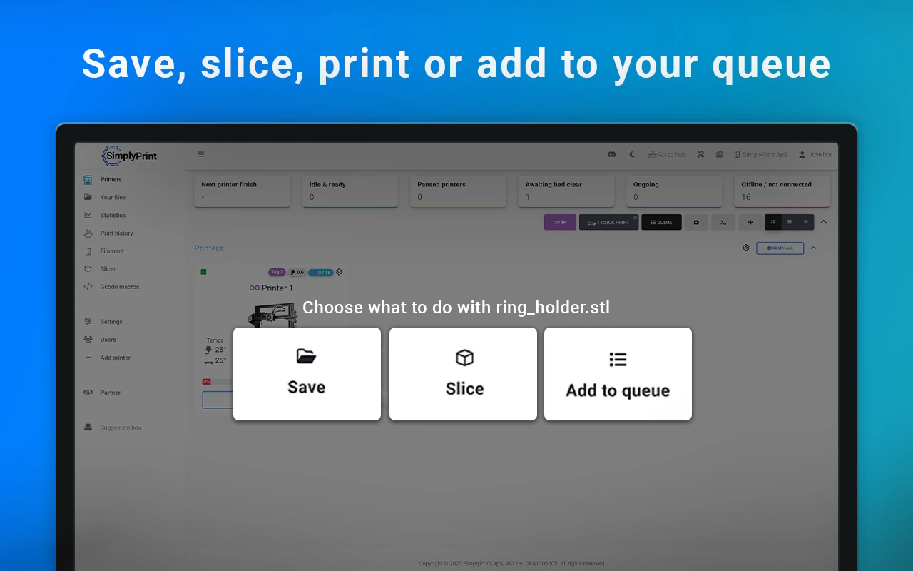SimplyPrint import action dialog offering Save, Slice and Add to queue for an STL model