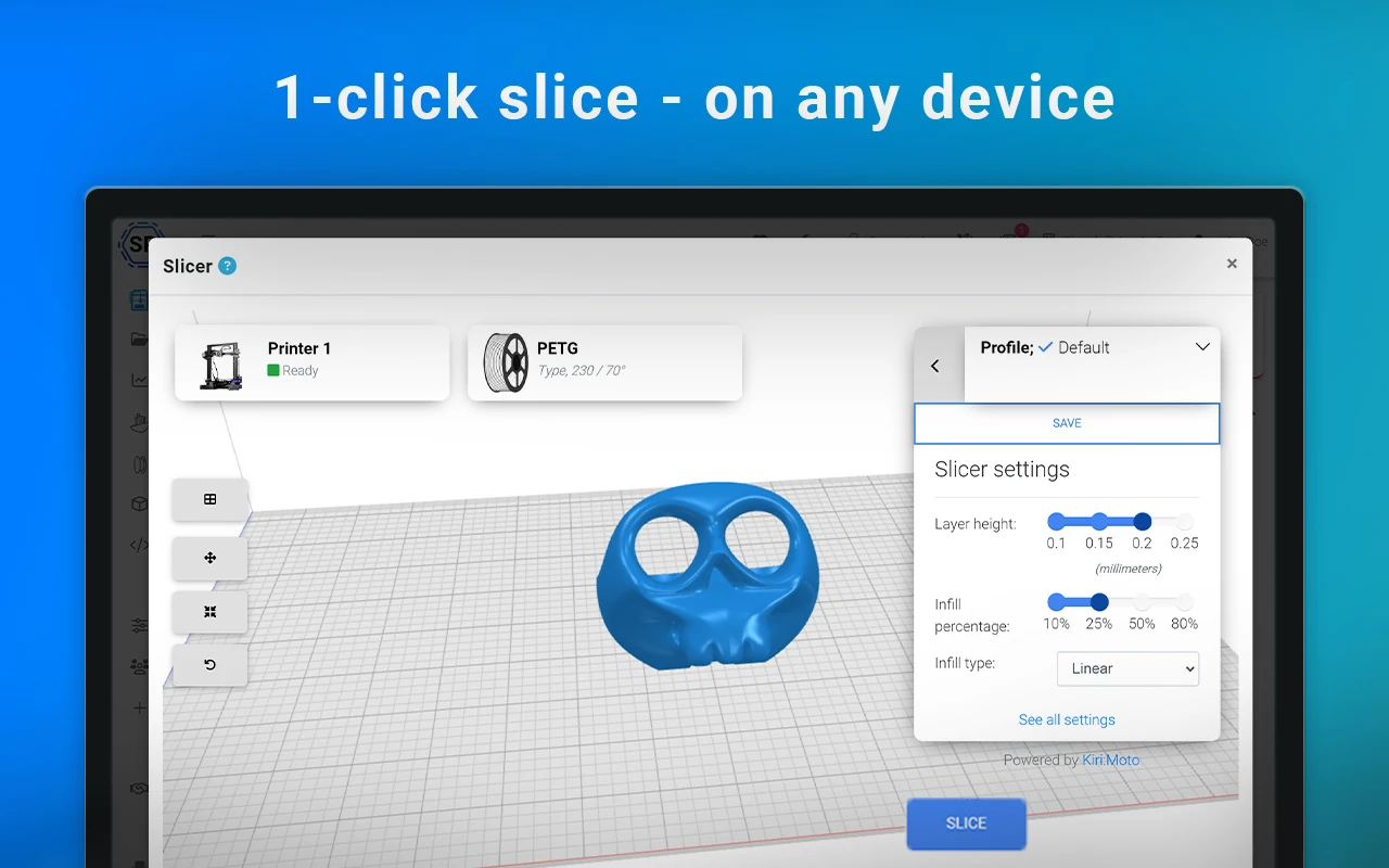 SimplyPrint cloud slicer with a blue model on the build plate and PETG profile settings
